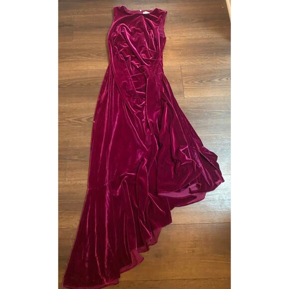 EUC  ELIZA J Velvet velour Ruched Asymmetric Midi Dress Fuchsia – Size 6 - Picture 4 of 15